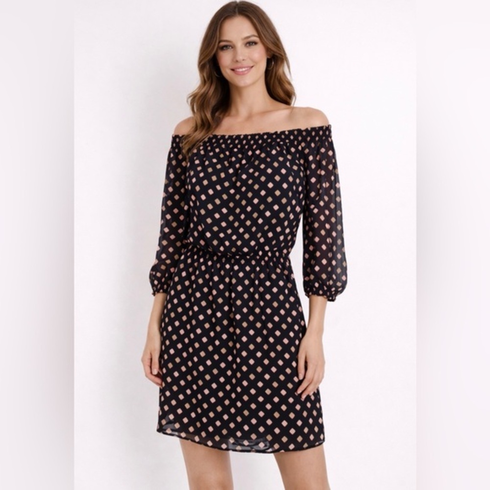 White House Black Market Black Patterned Chiffon Dress size Petite